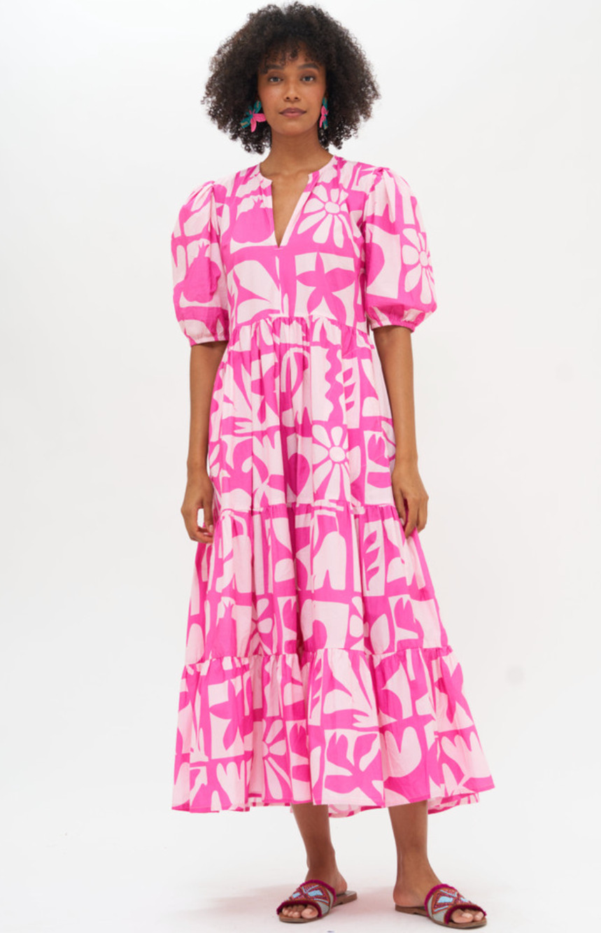OLIPHANT Tuckernuck V-Neck Puff Sleeve Maxi Dress Cotton Pink Twiggy Print S